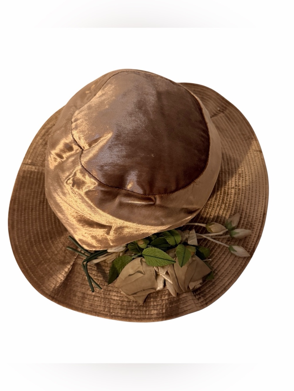 Vintage Marché Cloche Hat Womens One Size Brown Satin Floral Formal Rose Trim